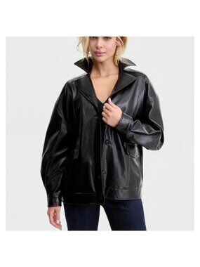 Guess Fransiska 80s Loose style Womens Faux Leather Jacket Black Size Large
